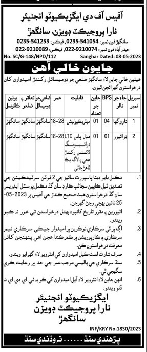 Jobs Office Of The Executive Engineer Nara Projecot Division Sanghar