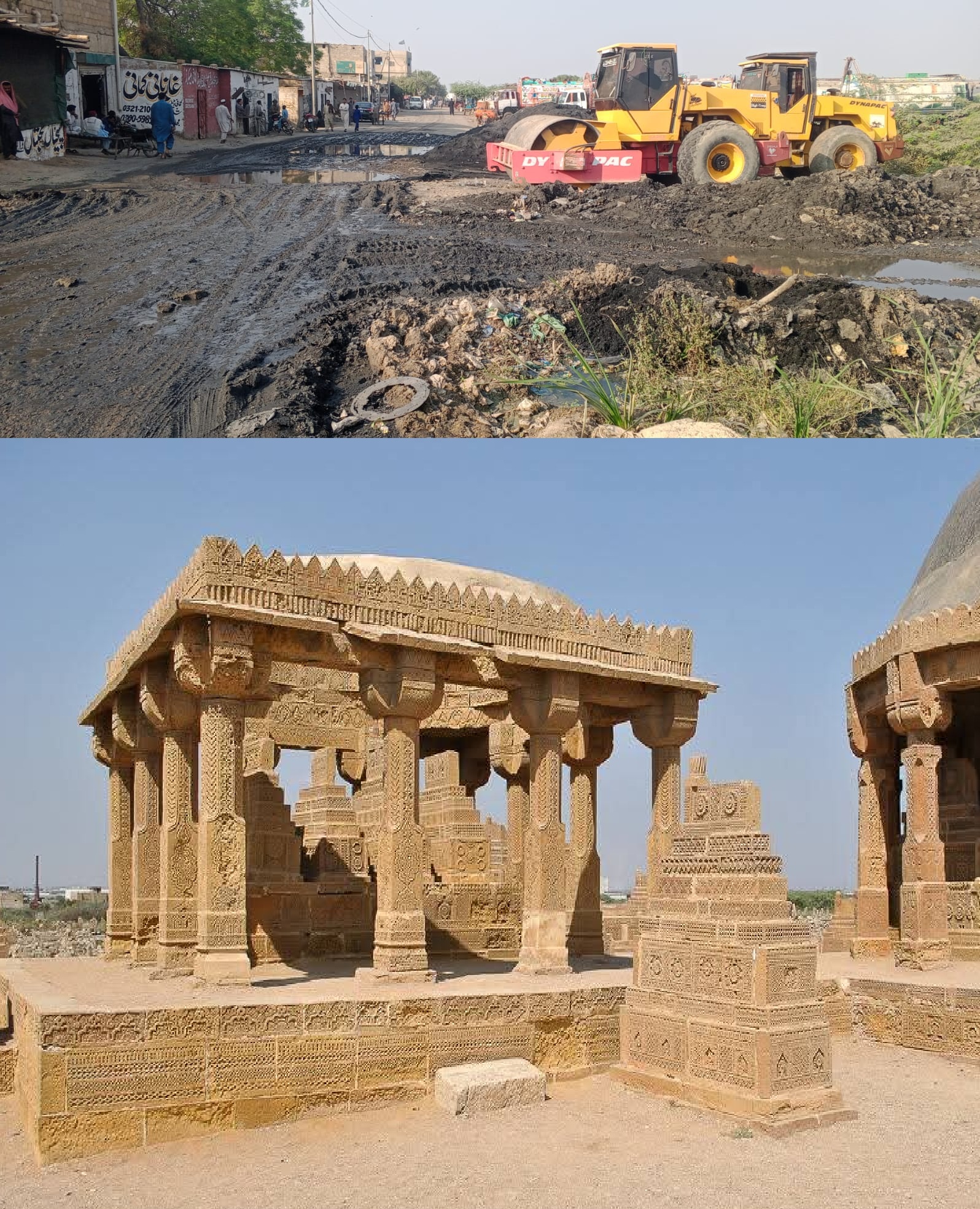 ملير: تاريخي چوڪنڊي قبرستان گندي پاڻي ۽ ٽٽل روڊ سبب تباهيءَ جو شڪار