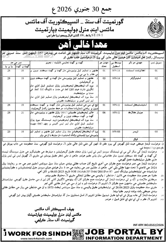 سنڌ حڪومت جي مائينز اينڊ منرل کاتي ۾ انيڪ نوڪريون