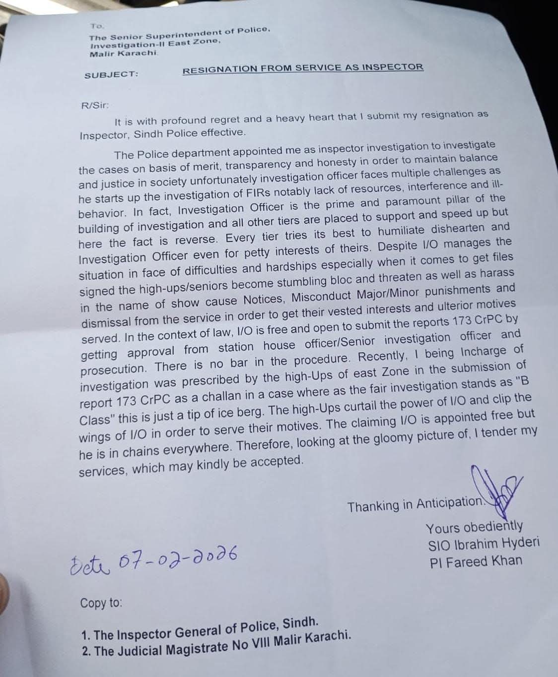 ابراهيم حيدري ٿاڻي جي سينيئر آءِ او ڪم ۾ مبينا مداخلت تي استعيفيٰ ڏئي ڇڏي