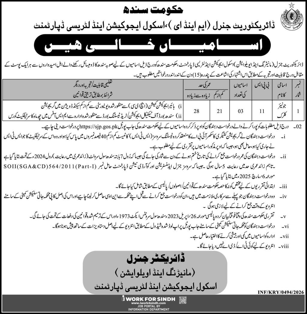 school education & literacy department sindh jobs 2026