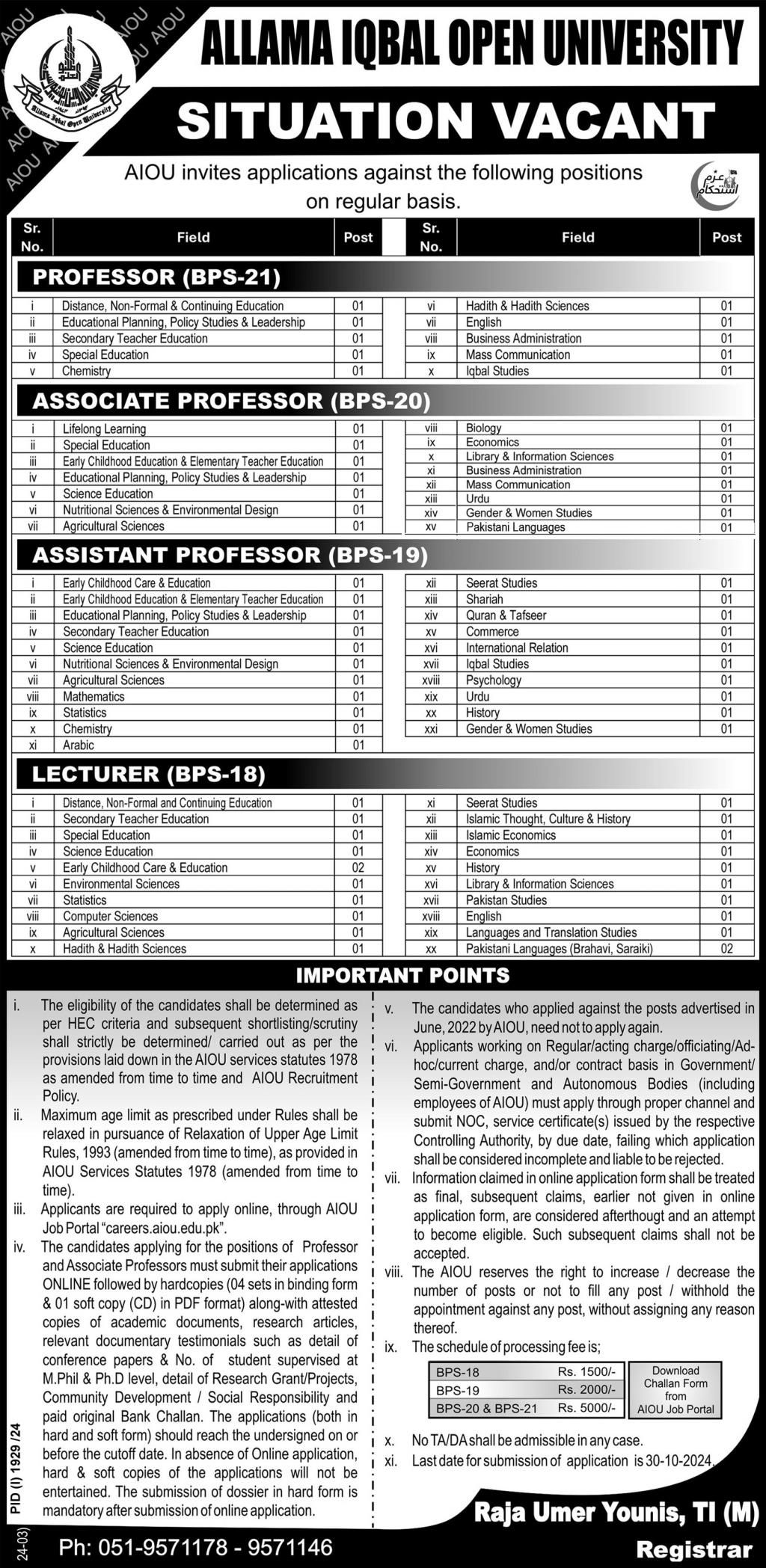 allama iqbal open university vacancies 2024