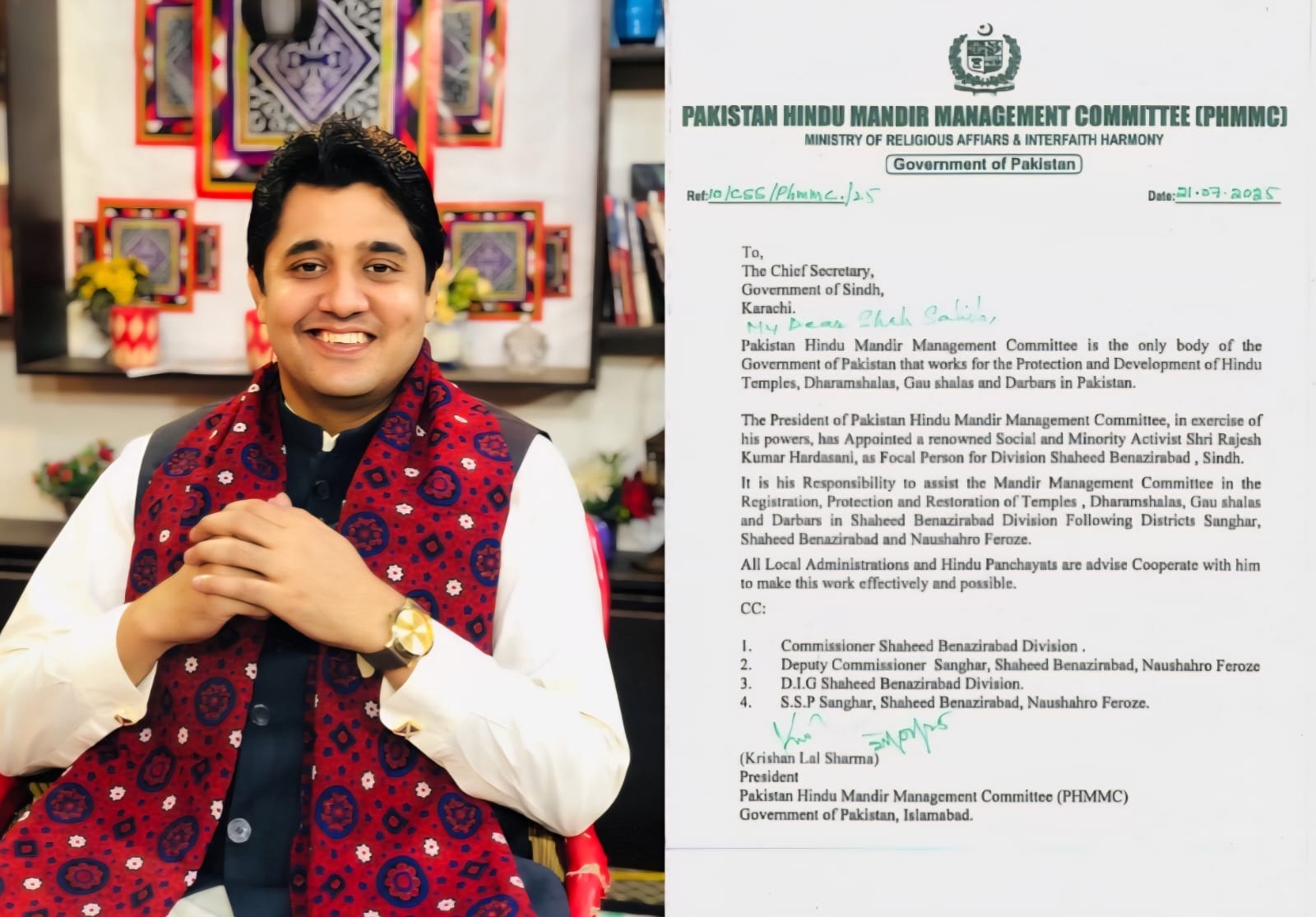 Rajesh Kumar Hardasani Appointed as Focal Person of Pakistan Hindu Temple Management Committee for Shaheed Benazirabad Division