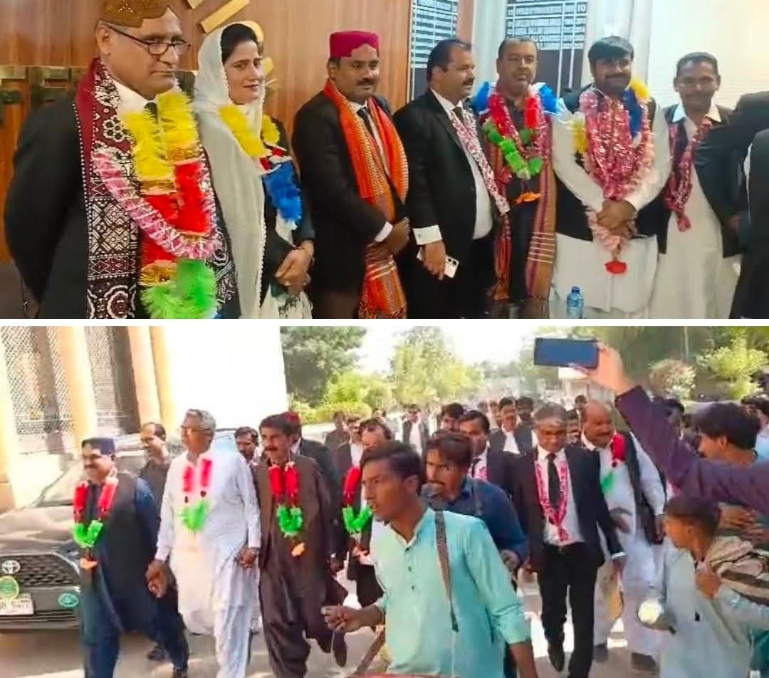 نوشهروفيروز: سنڌ بار ڪائونسل جي چونڊ ۾ ضياءَ لنجار ۽ سندس پينل جي ڪاميابي جي خوشي ۾ سندس حامين پاران جشن ملهايو ويو