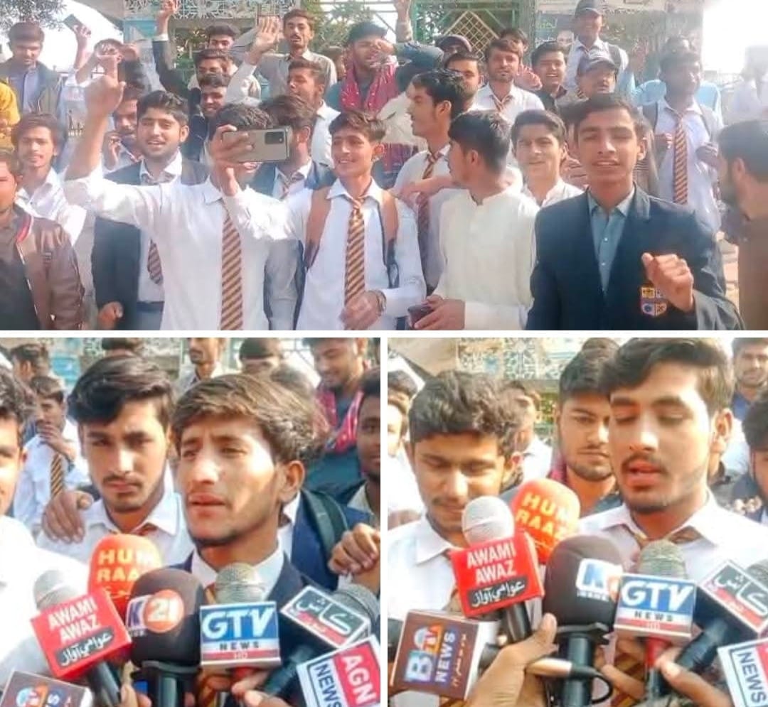 نوشھروفيروز ۾ بوائز ڊگري ڪاليج جي شاگردن پاران مارڪون گهٽ اچڻ خلاف ريلي ۽ ڌرڻو