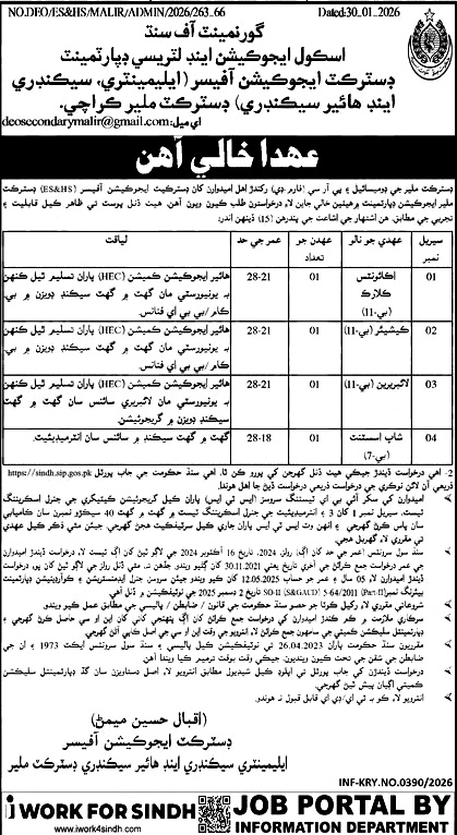 ايجوڪيشن اينڊ ليٽريسي ڊپارٽمنٽ، ڊسٽرڪٽ ملير، ڪراچي ۾ نوڪريون
