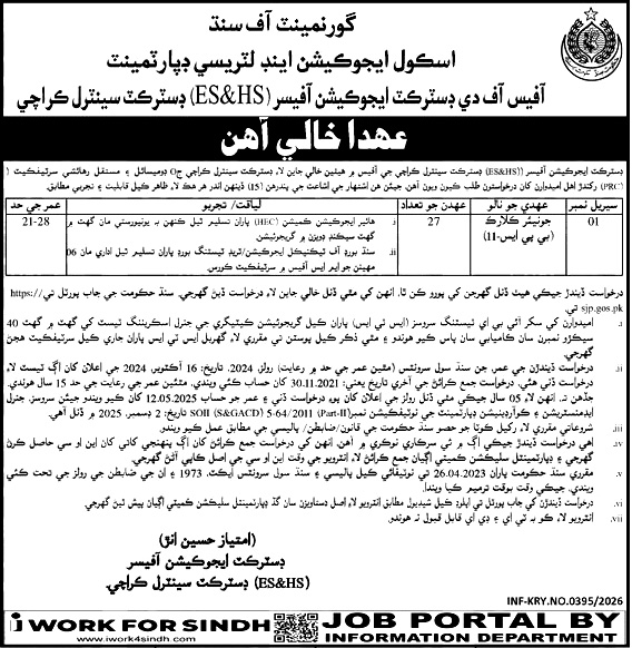 education and literacy department Sindh Jobs 2026
